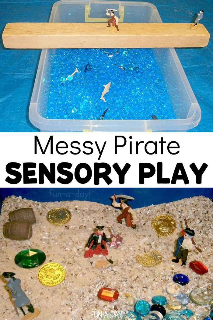 Walk the plank sensory bin and sandy sensory bin with text that reads messy pirate sensory play
