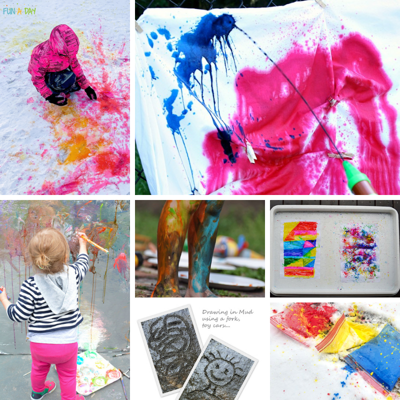 Collage of outdoor messy art ideas