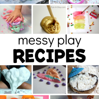 collage of preschool activities with text that reads messy play recipes