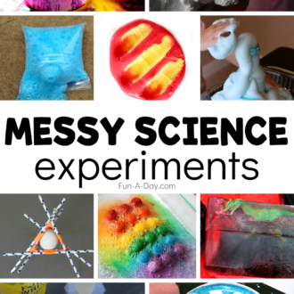 Collage of kids' science activities with text that reads messy science experiments