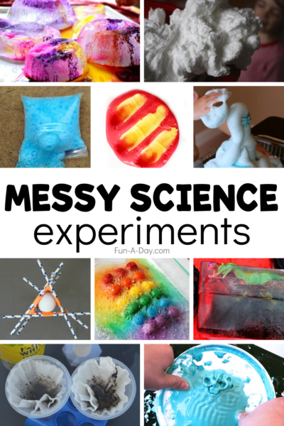 Collage of kids' science activities with text that reads messy science experiments