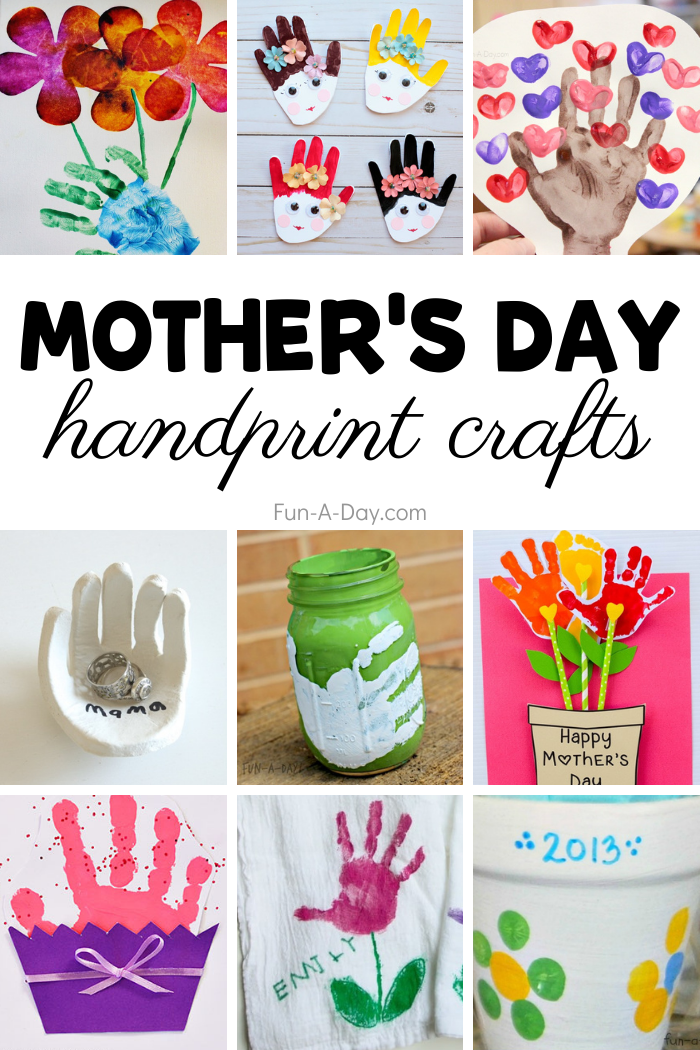 college of hand print art with text that reads mother's day handprint crafts