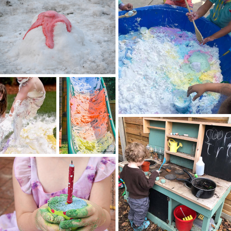 Collage of outdoor messy science and sensory ideas