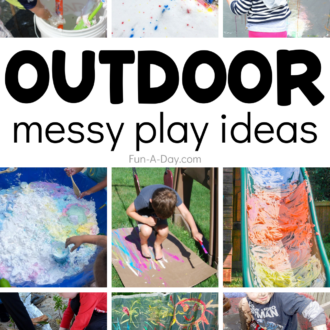 Collage of sensory and art for kids with text that reads outdoor messy play ideas