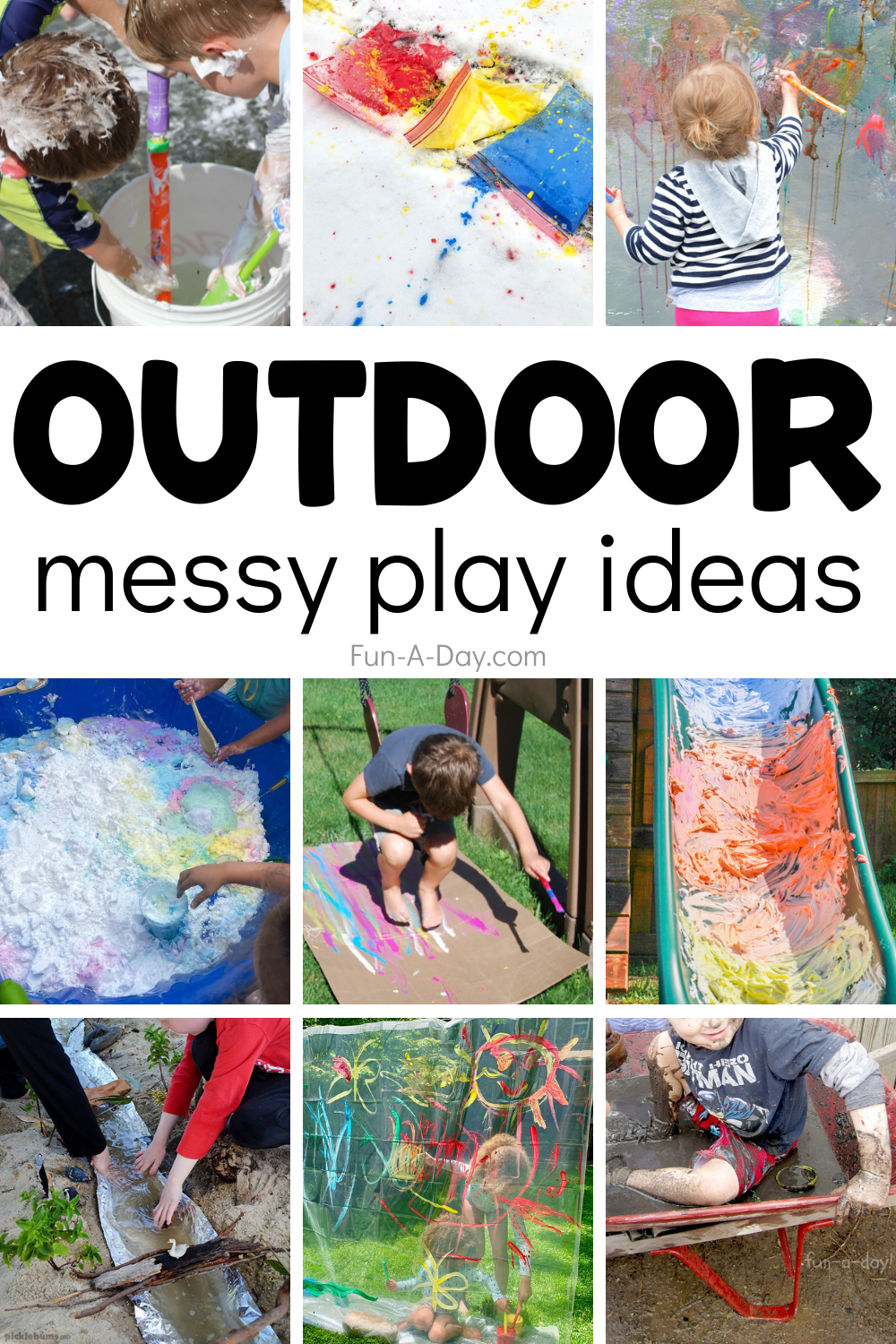 Collage of sensory and art for kids with text that reads outdoor messy play ideas