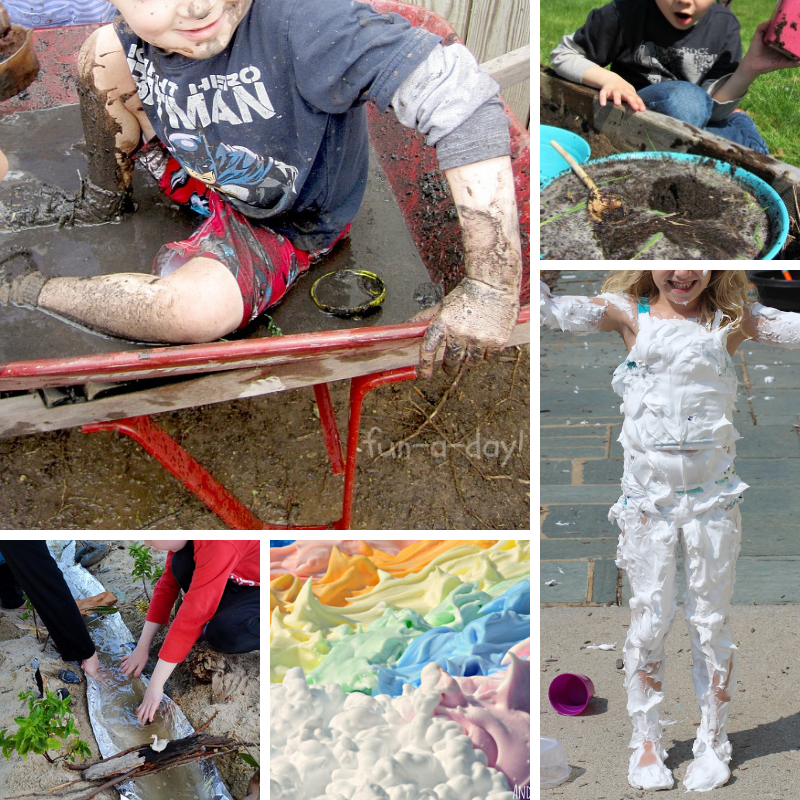 Collage of messy outdoor sensory play