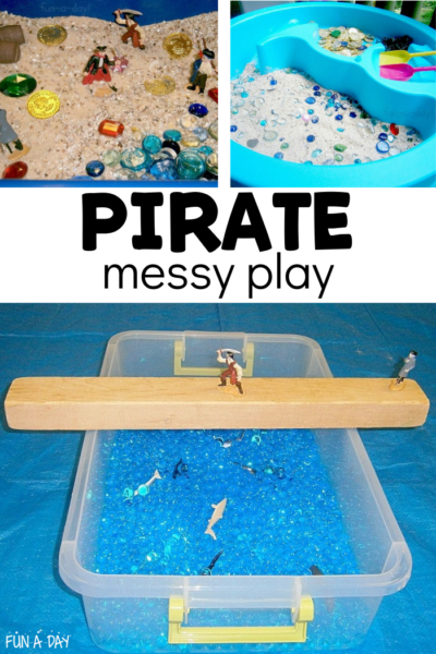 Collage of pirate sensory activities with text that reads pirate messy play.
