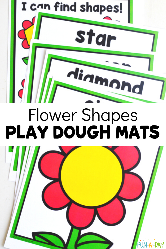 fanned out set of flower shape mats for preschool with text that reads flower shapes play dough mats