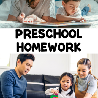Families reading and building together with text that reads preschool homework