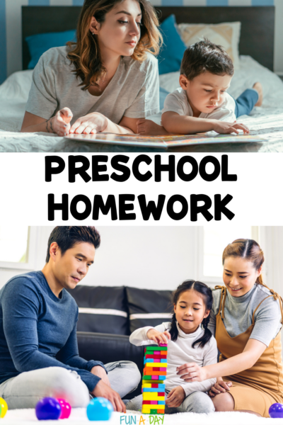 Families reading and building together with text that reads preschool homework