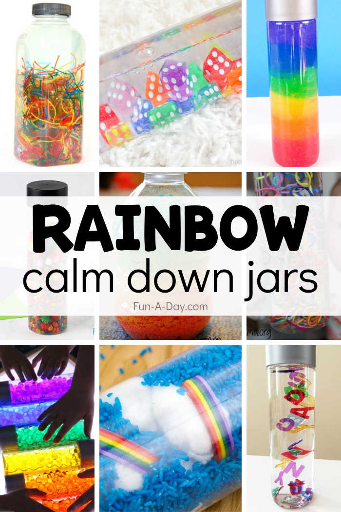 collection of rainbow sensory bottles with text that reads rainbow calm down jars