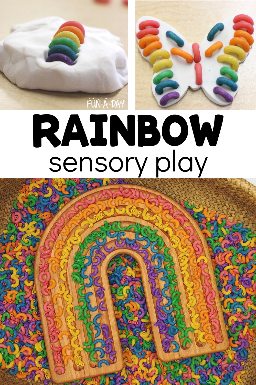 Rainbow dyed macaroni with wooden tray and white play dough. With text that reads rainbow sensory play.