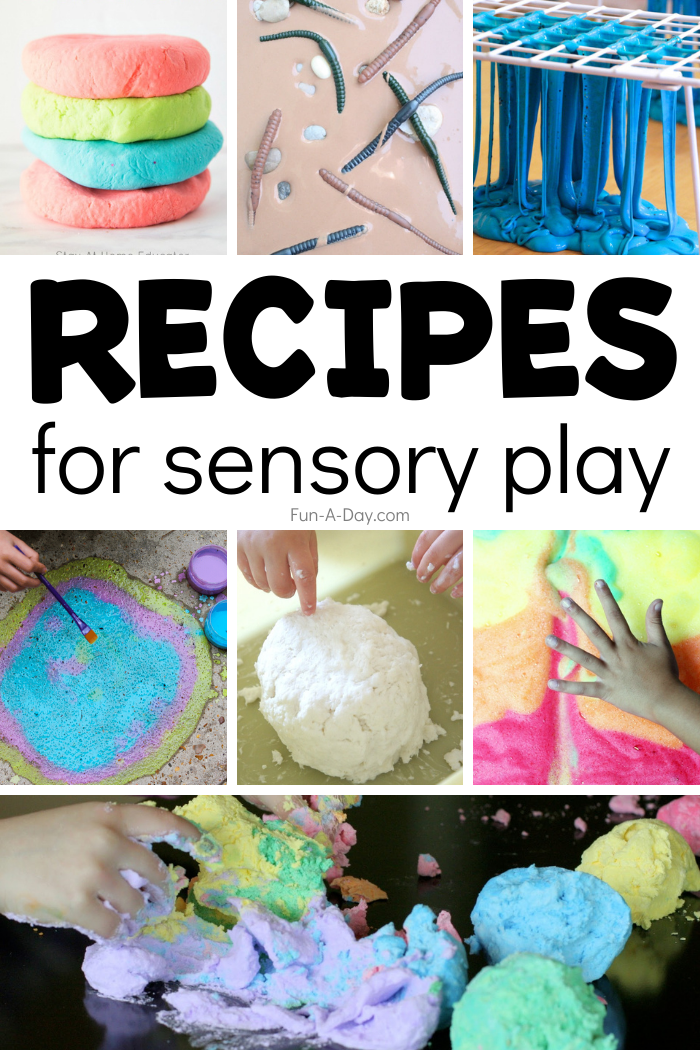 collage of messy play activities with text that reads recipes for sensory play