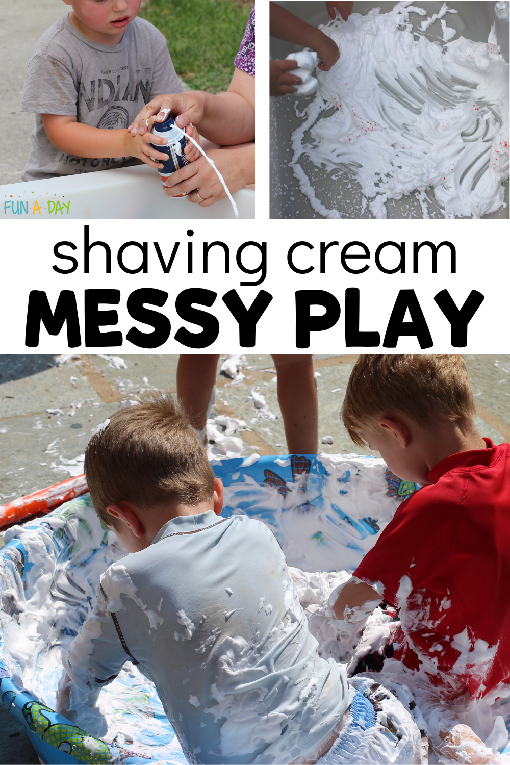 preschoolers playing with shaving cream outside with text that reads shaving cream messy play