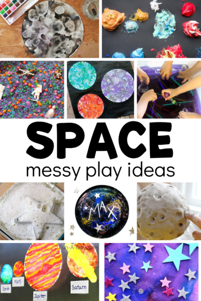 Collage of space art and sensory activities with text that reads space messy play ideas