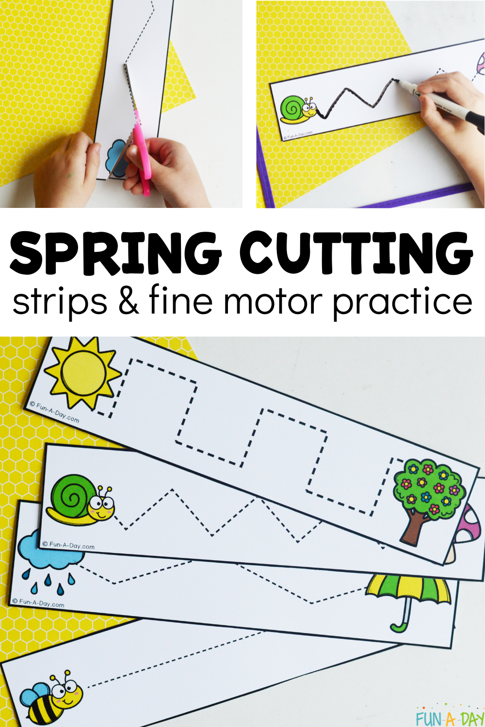 free printable tracing sheets with text that reads spring cutting strips & fine motor practice