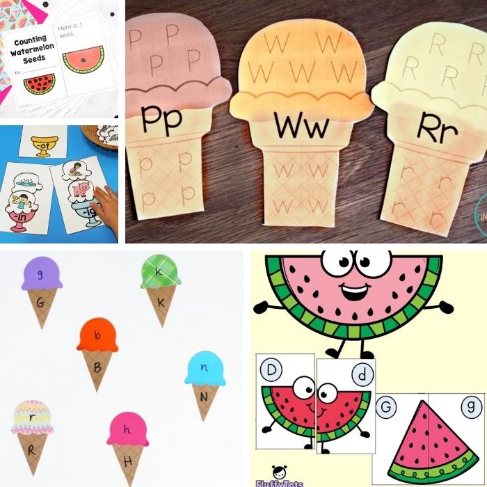 5 ideas for summer literacy activities for young kids - ice cream, watermelon activities