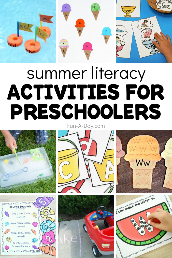 Collage of preschool literacy fun with text that reads summer literacy activities for preschoolers