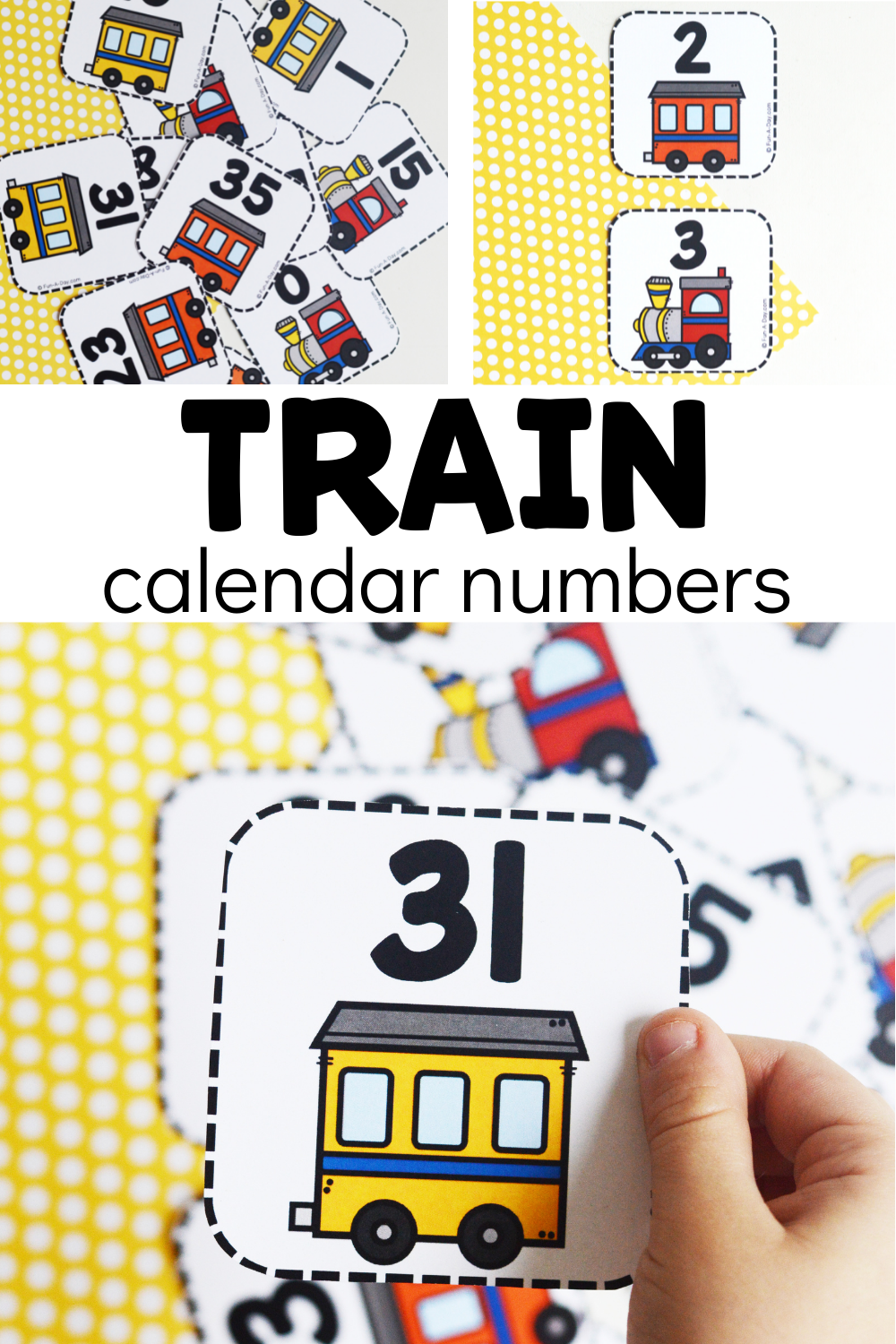 collage of number train printable with text that reads train calendar numbers