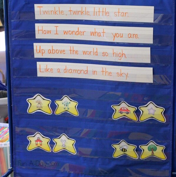 Blue pocket chart with twinkle twinkle little star poem and printable star rhyming cards