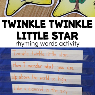 Nursery rhyme pocket chart activity with text that reads twinkle twinkle little star rhyming words activity