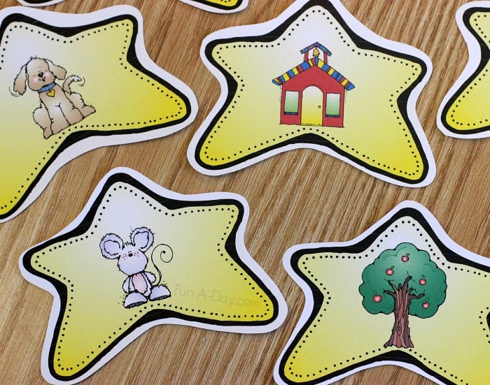 close up of printable rhyming cards for a twinkle twinkle little star activity