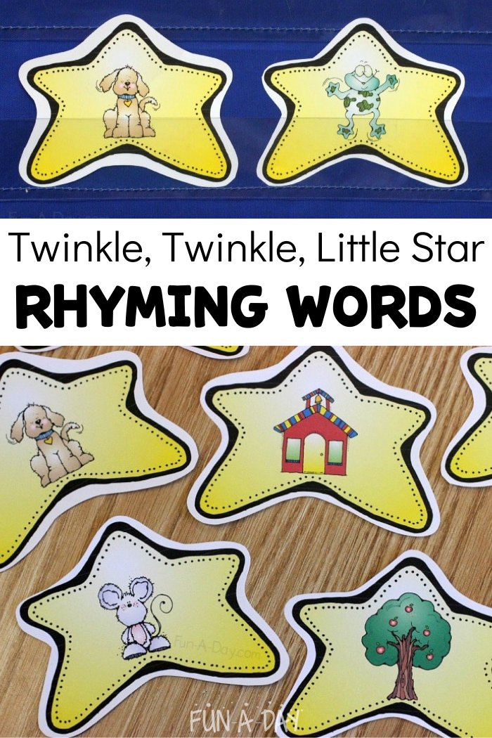 Rhyming star cards with text that reads twinkle twinkle little star rhyming words