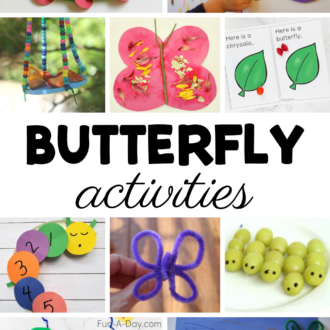 collage of caterpillar and butterfly ideas for kids with text that reads butterfly activities