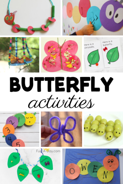 collage of caterpillar and butterfly ideas for kids with text that reads butterfly activities