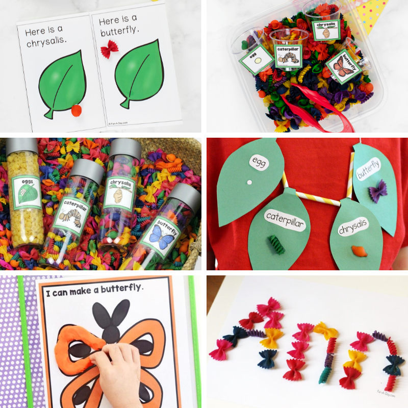 6 butterfly activities for kids, including a printable book, sensory bin, sensory bottles, play dough mats, etc.
