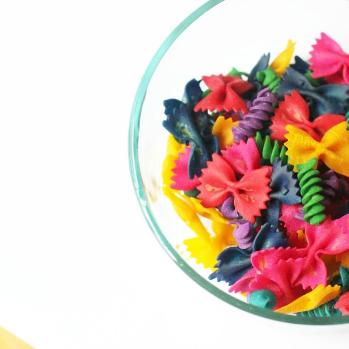 Dyed pasta for a butterfly craft for preschoolers