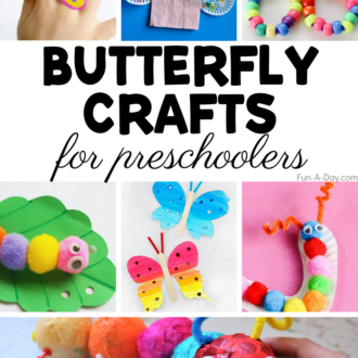 several butterfly and caterpillar crafts for little kids - text reads: butterfly crafts for preschoolers