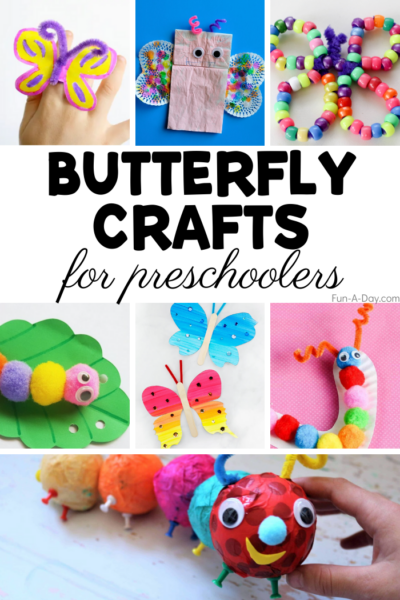 several butterfly and caterpillar crafts for little kids - text reads: butterfly crafts for preschoolers