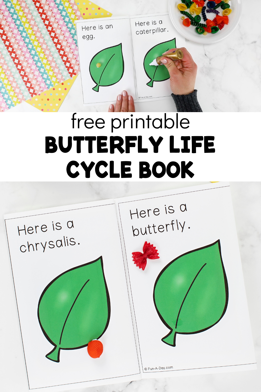 Collage of butterfly emergent reader with dyed pasta and text that reads free printable butterfly life cycle book