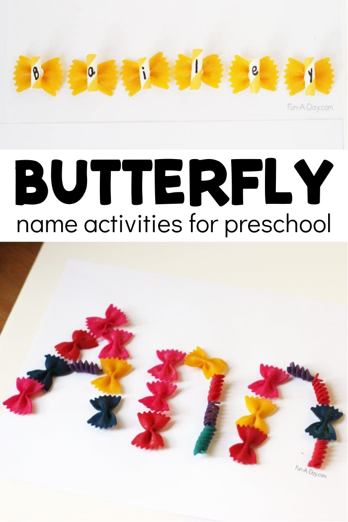 Collage of name ideas using dyed pasta with text that reads butterfly name activities for preschool