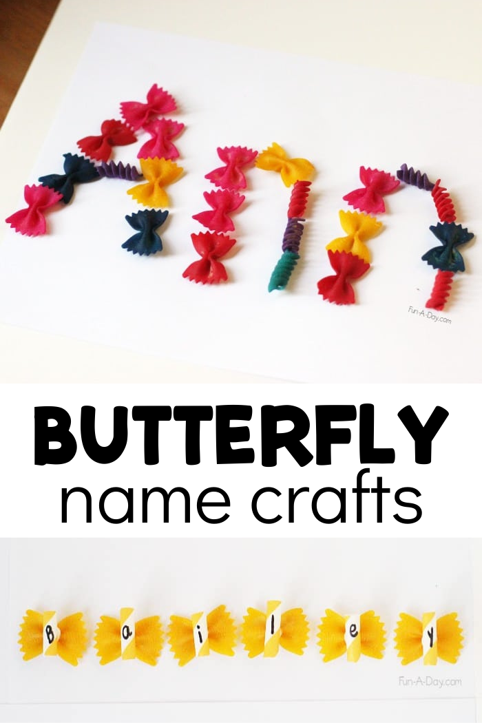 Collage of preschool names made with dyed pasta and text that reads butterfly name crafts