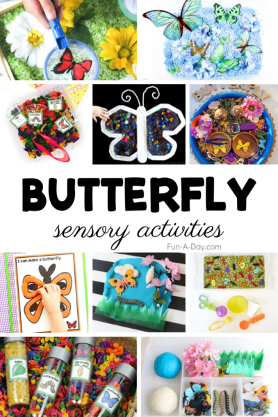 collage of butterfly activities with text that reads butterfly sensory activities