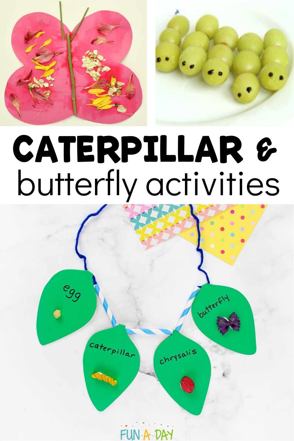 3 ideas for a butterfly theme with text that reads caterpillar and butterfly activities