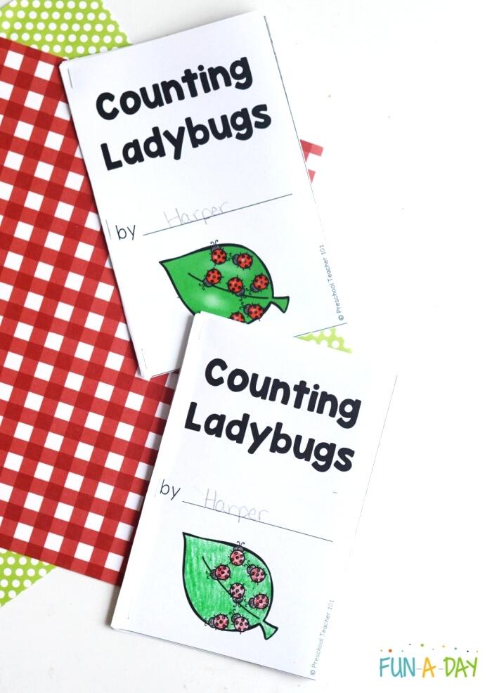2 versions of printable ladybug books for preschool and kindergarten kids. Titles read Counting Ladybugs