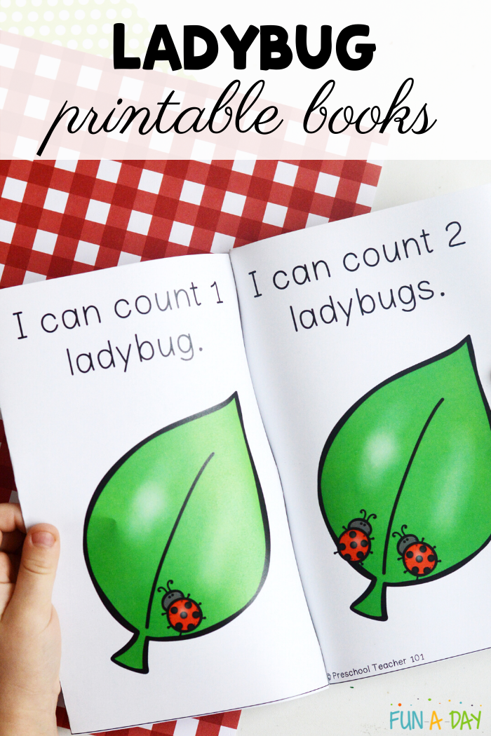 Open printable reader with leaves and ladybugs, and text that reads Ladybug Printable Books