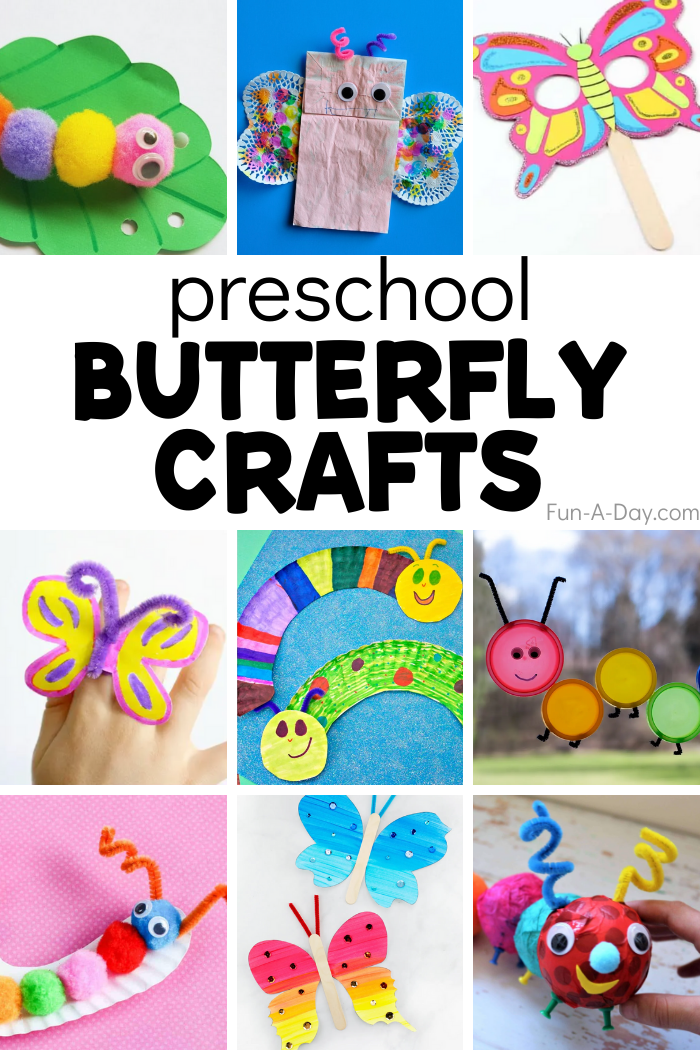 several butterfly and caterpillar crafts for little kids - text reads: preschool butterfly crafts