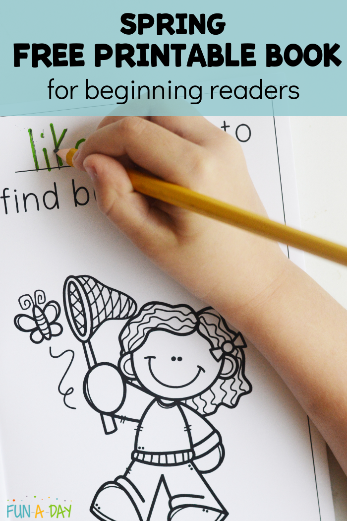 child's hand tracing over the word 'like' in book, with text that reads spring free printable book for beginning readers