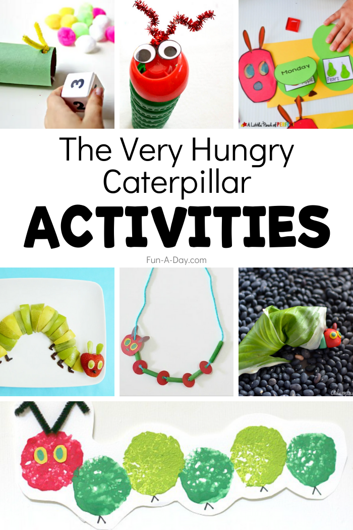 several preschool crafts, science, math, sensory activities text reads: the very hungry caterpillar activities