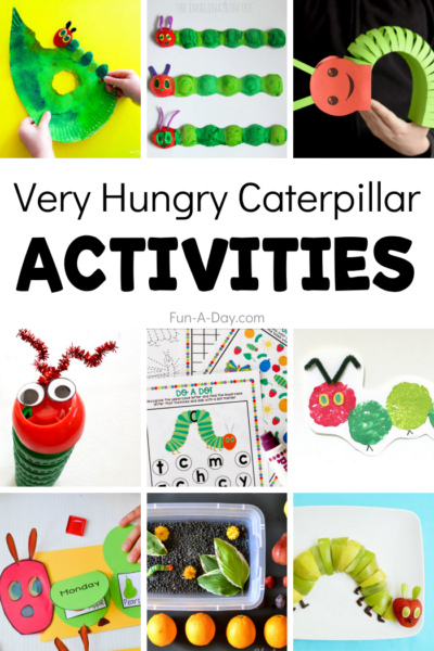 several preschool crafts, science, math, sensory activities text reads: very hungry caterpillar activities