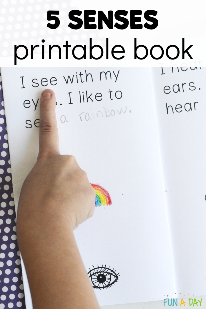 child's hand pointing to the word see in an easy reader, with text that reads 5 Senses Printable Book