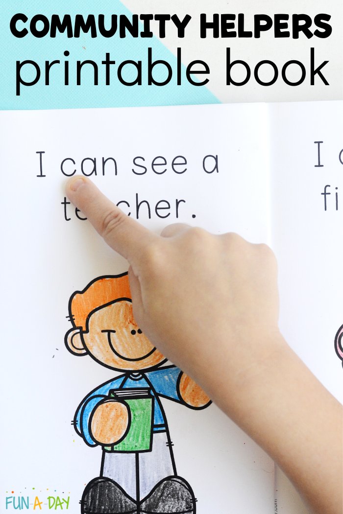 open emergent reader with child's finger pointing to words and text that reads Community Helpers printable book