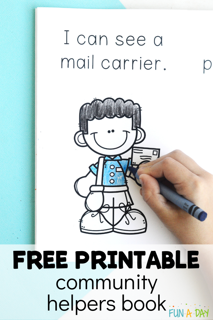 child's hand coloring in open printable emergent reader with text that reads Free Printable community helpers book