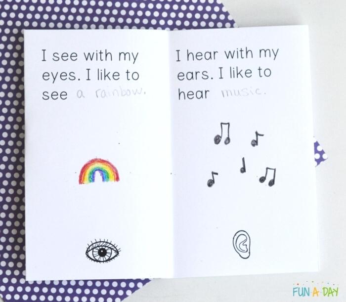 open printable book with words about the 5 senses and kids' drawings