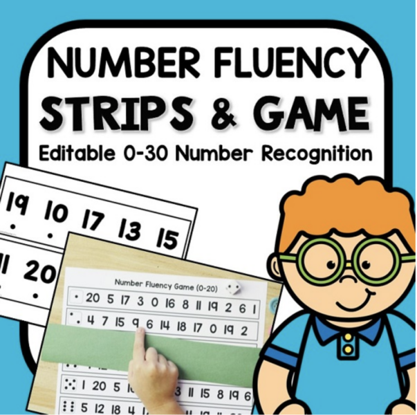 cover of math learning resource for preschoolers. Title reads: Number fluency strips & game editable 0-30 number recognition