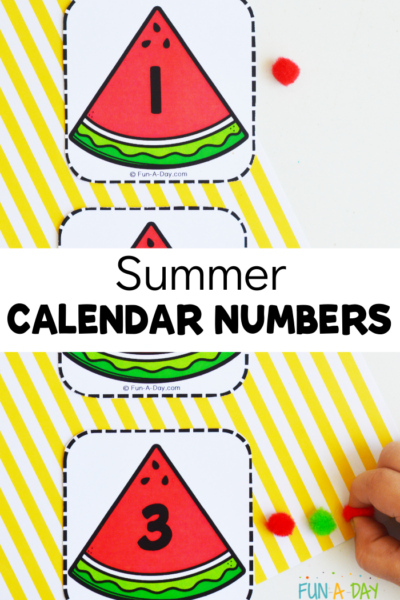 3 watermelon number cards with text that reads summer calendar numbers